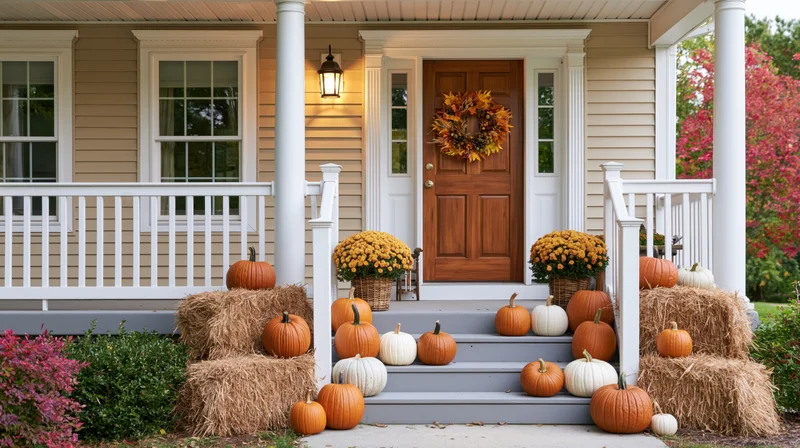 Front porch decorated with pumpkins and hay bales for autumn, steps leading to wooden door with wreath, surrounded by flowers and shrubs