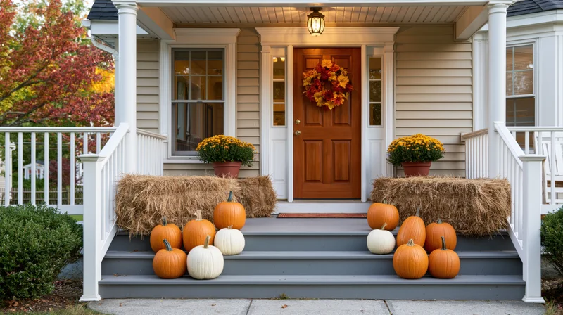 Front porch decorated with pumpkins and hay bales for autumn, featuring a wooden door with a wreath and potted mums on either side