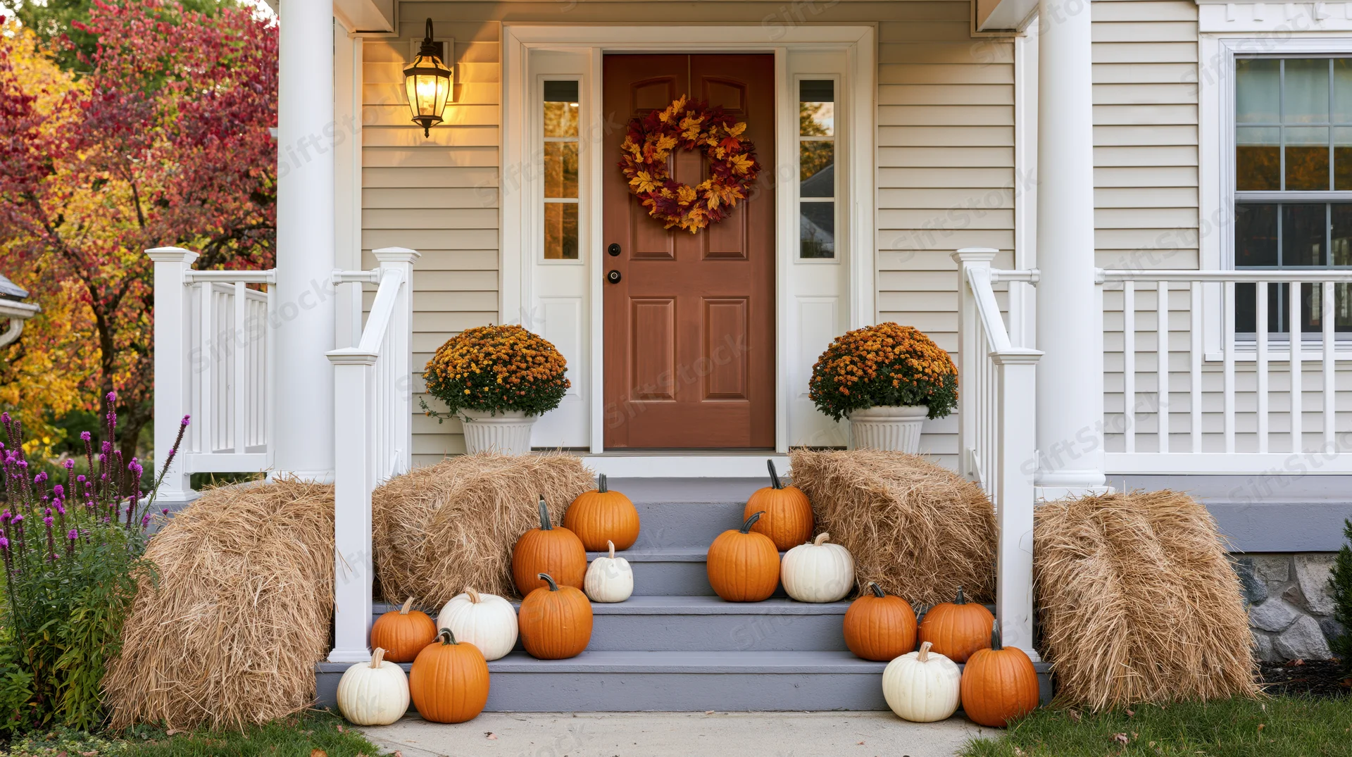 Autumn-decorated front porch with pumpkins and hay bales on steps