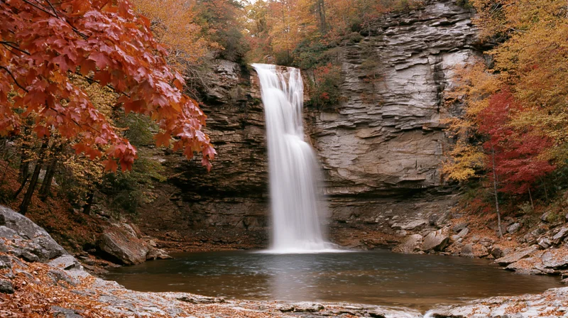 Tall waterfall cascading over layered rock cliff surrounded by autumn forest with colorful foliage and stream below