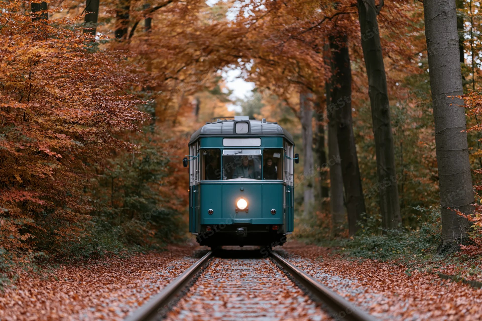 Vintage teal tram moving along steel tracks through autumn forest with fallen leaves covering the ground