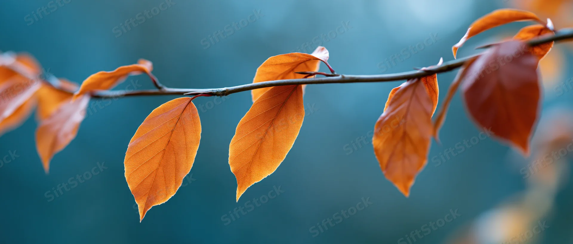 Thin tree branch with autumn leaves in warm amber and burnt orange hues against a soft blue background