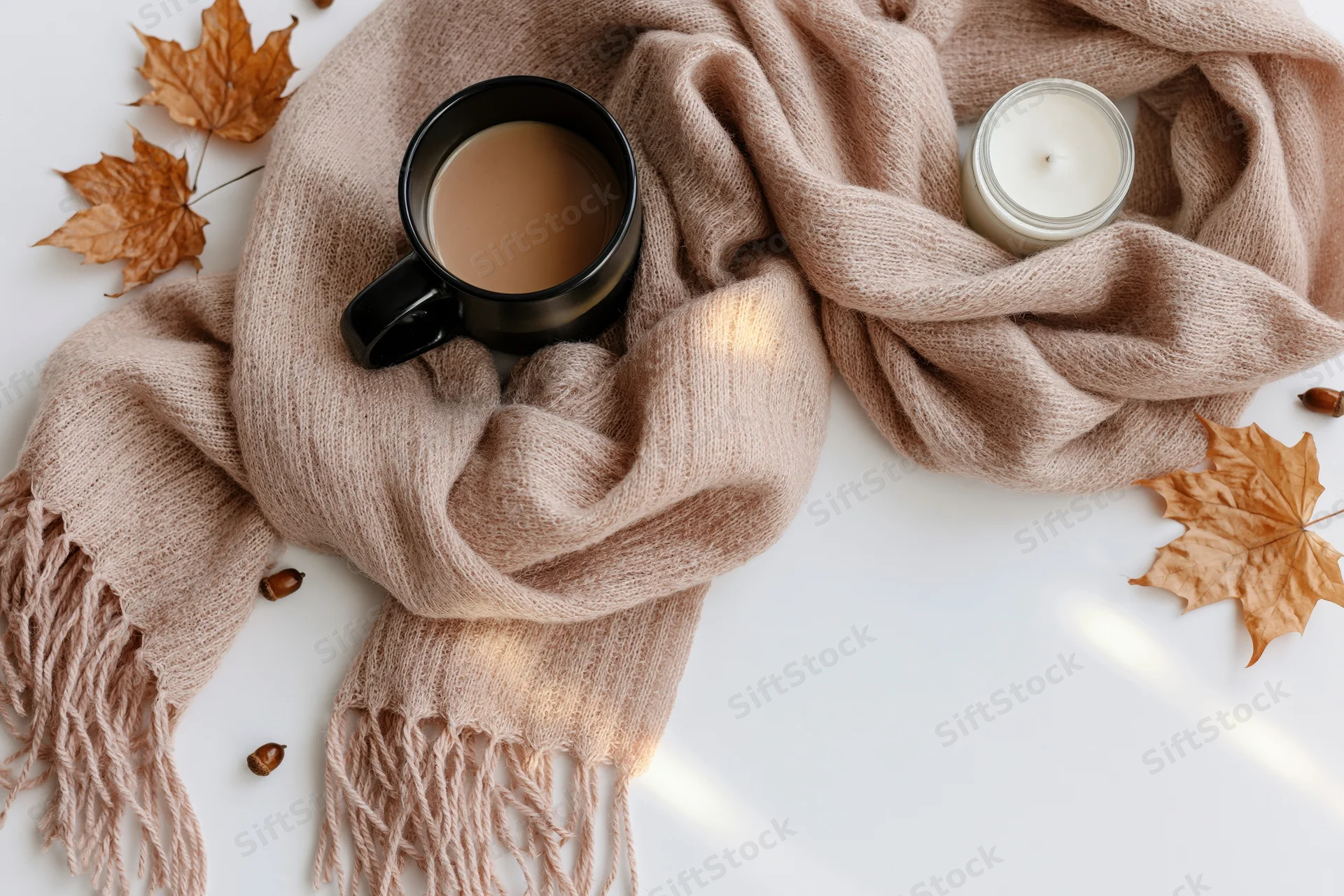 Soft beige scarf draped with black mug of coffee, white candle, and dried maple leaves on white surface
