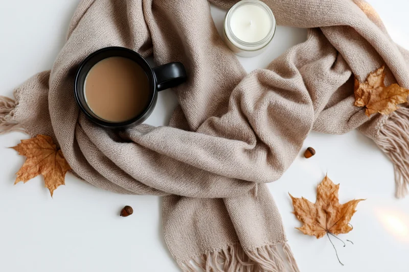 Flat lay of a beige scarf with coffee mug, candle, and autumn leaves on white surface