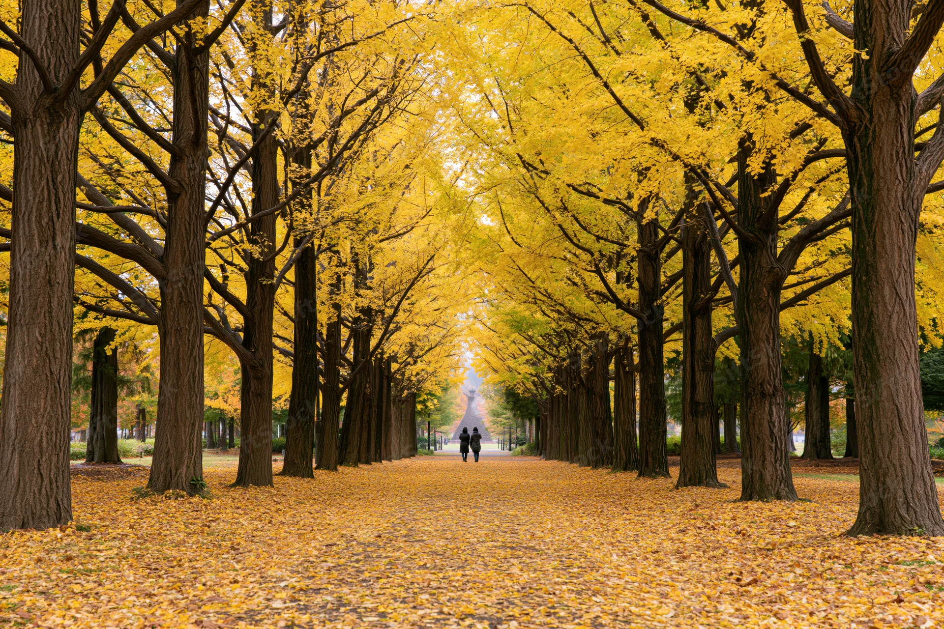 Two people walking down a tree-lined pathway covered in fallen yellow ginkgo leaves in autumn
