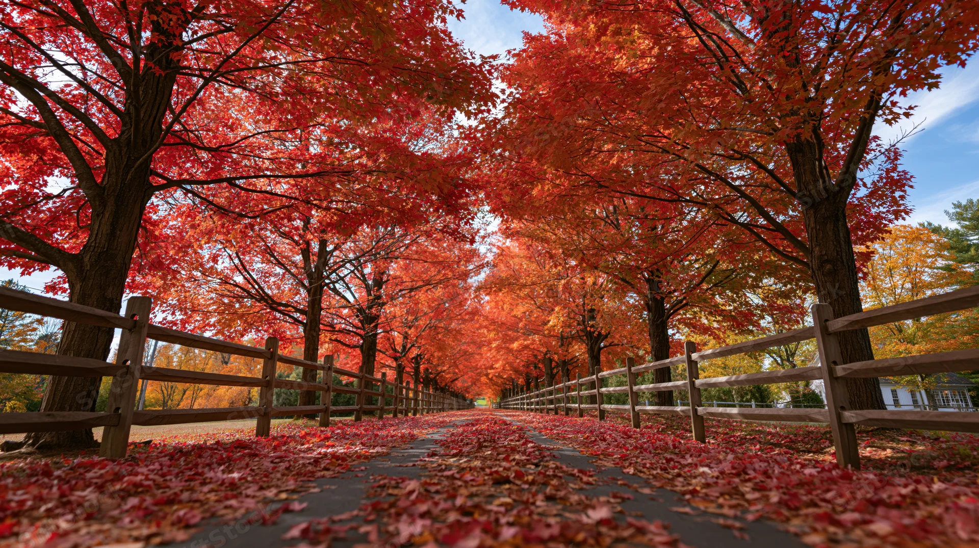 Maple trees with red autumn foliage arching over a country lane lined with wooden fences