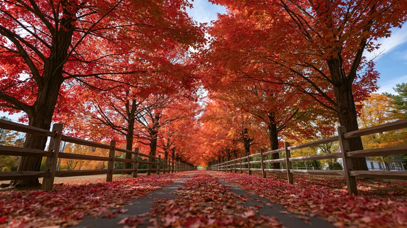 Maple trees with red autumn foliage arching over a country lane lined with wooden fences