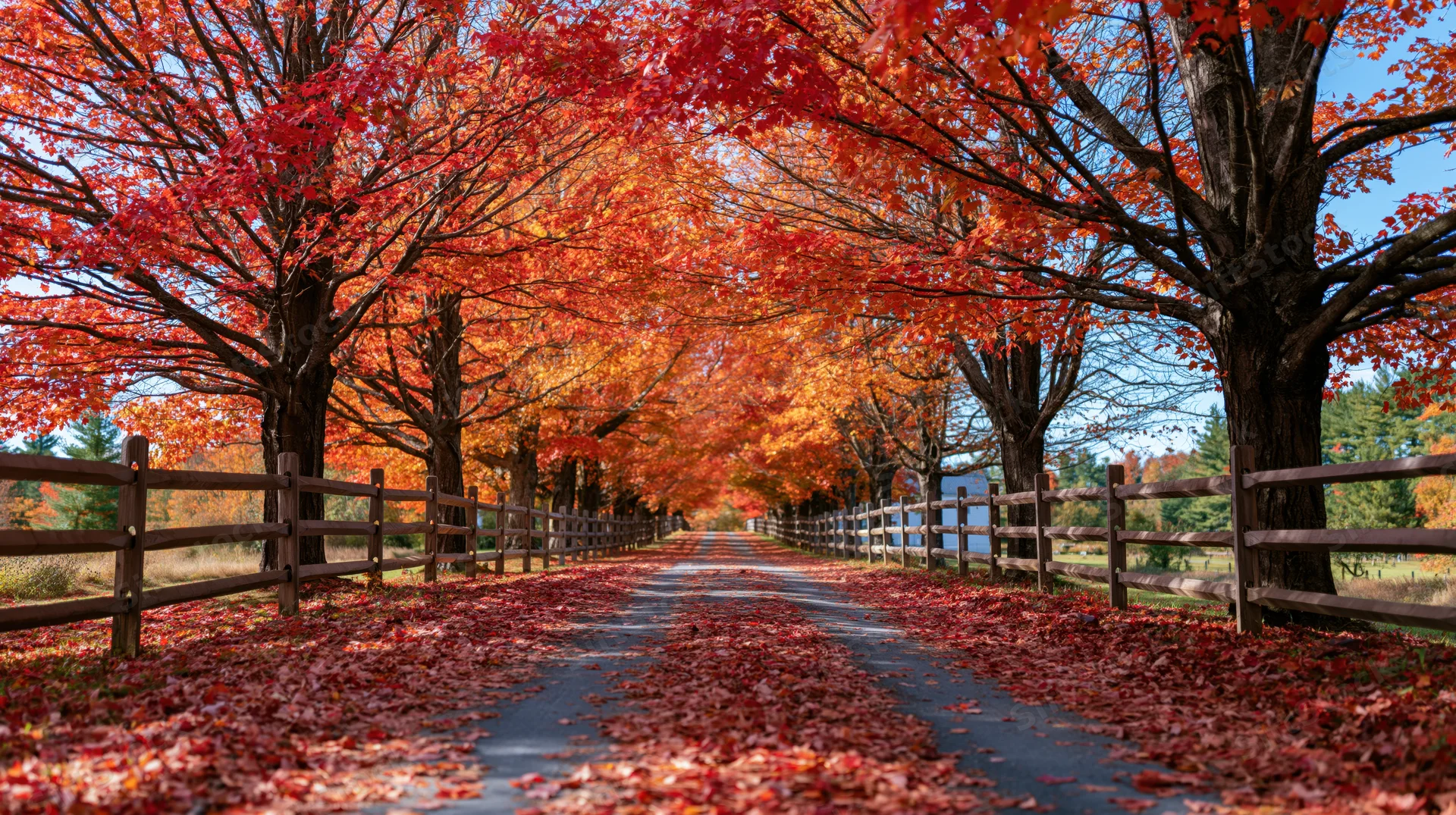 Maple trees with vibrant red and orange foliage arching over a country lane lined with wooden fences, covered in fallen leaves under a clear blue sky