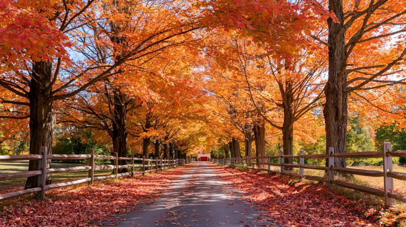 Maple trees with vibrant orange and red foliage arching over a country lane lined with wooden fences and fallen leaves