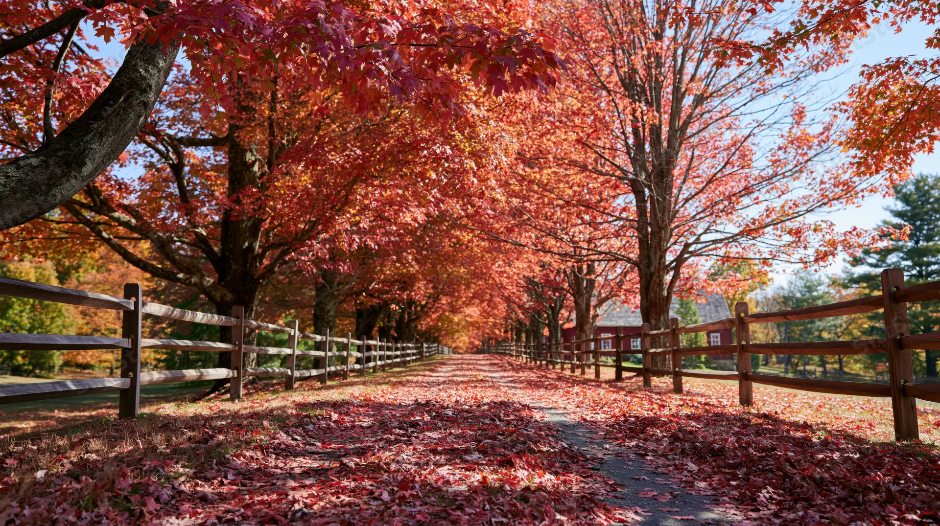 Maple trees arching over a country lane covered in red autumn leaves