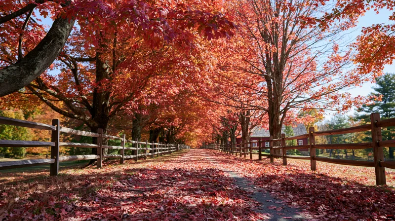 Maple trees arching over a country lane covered in red autumn leaves