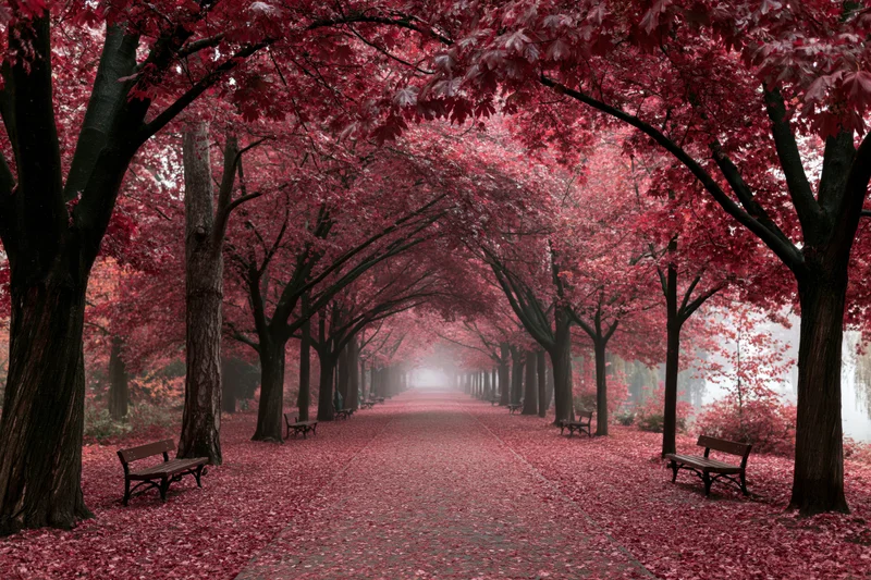 Tree-lined pathway covered in red fallen leaves in a misty park setting