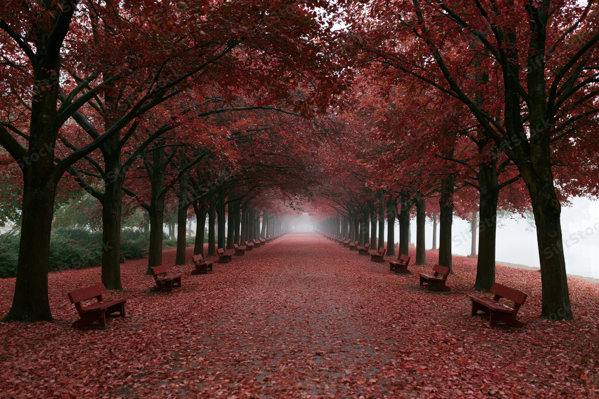 Tree-lined pathway covered in red fallen leaves with benches on either side in a misty park