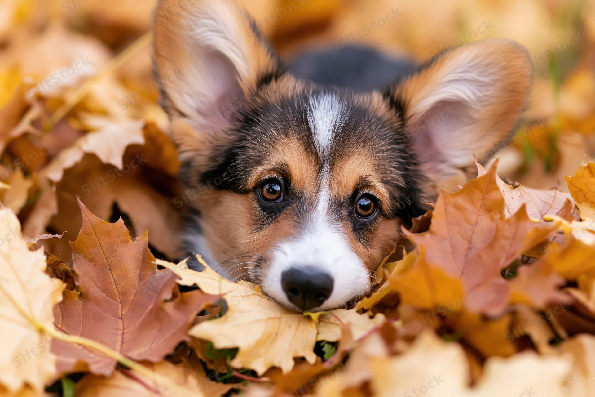 Tricolor corgi puppy peeking from a pile of autumn leaves outdoors