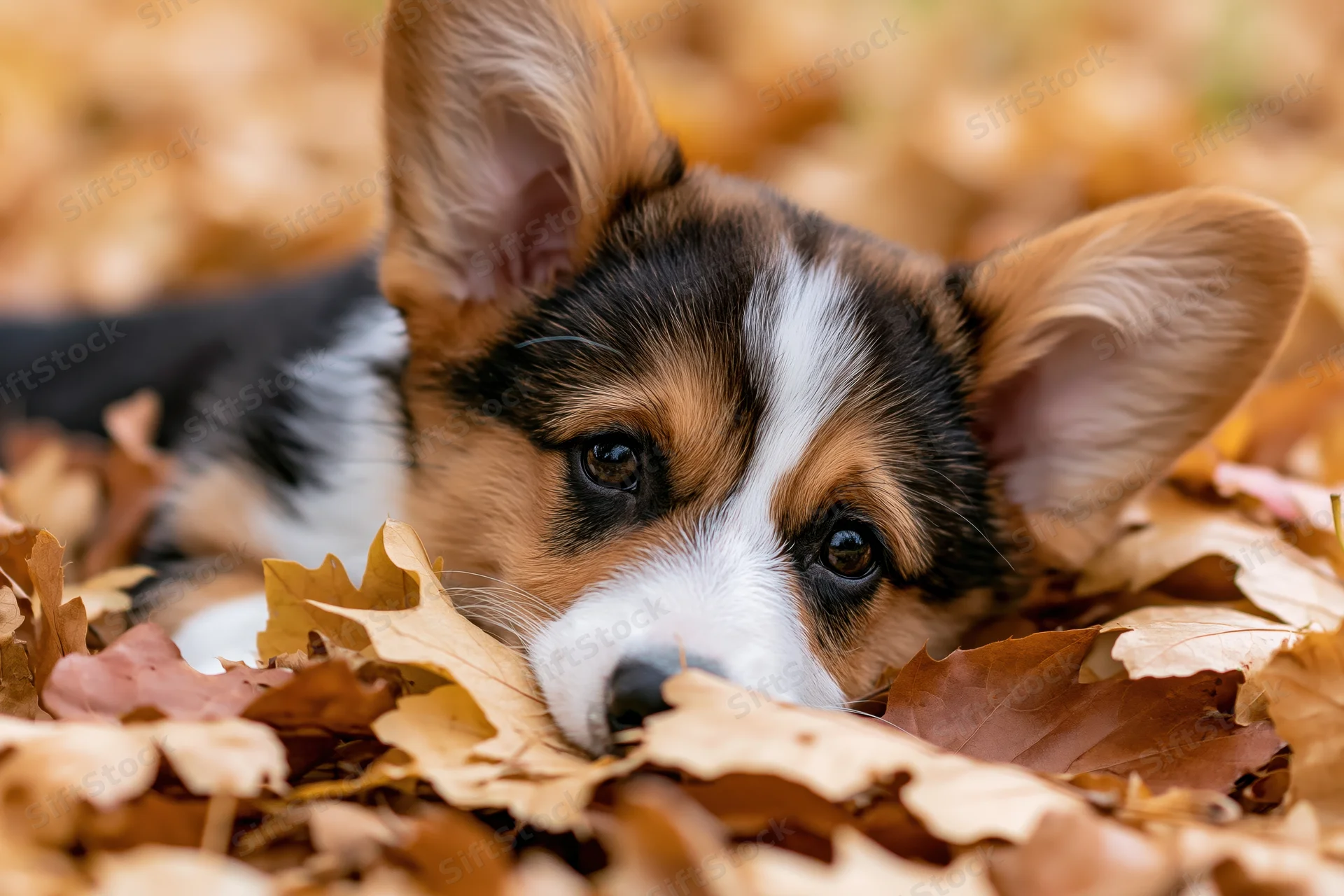 Tricolor corgi puppy peeking from a pile of autumn leaves outdoors
