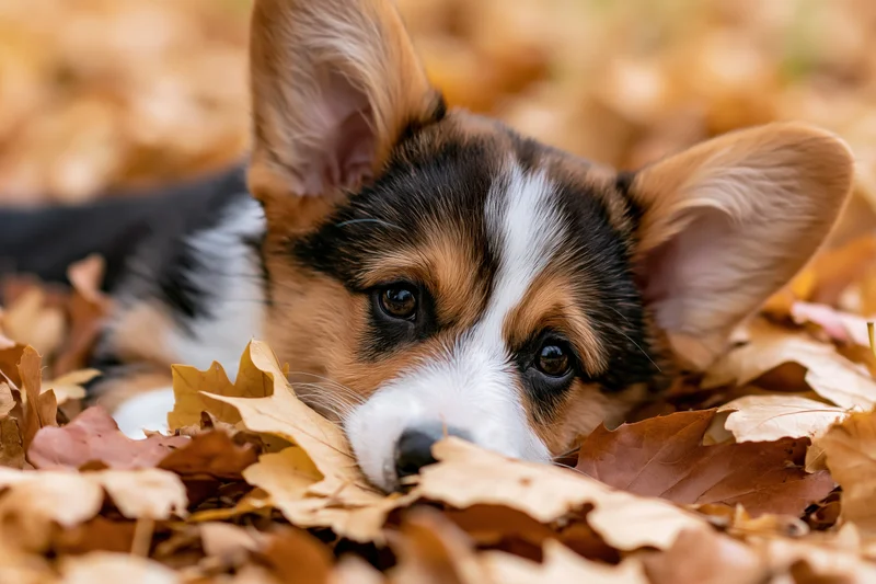 Tricolor corgi puppy peeking from a pile of autumn leaves outdoors