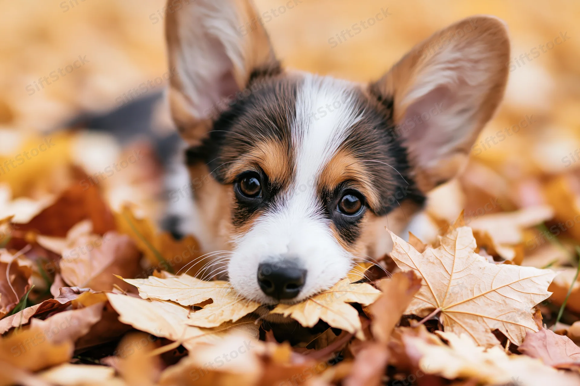 Tricolor corgi puppy peeking through fallen autumn leaves outdoors