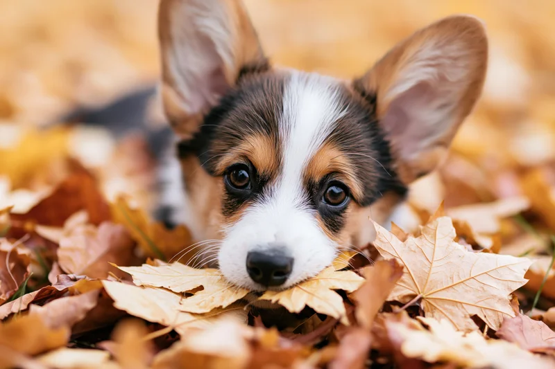 Tricolor corgi puppy peeking through fallen autumn leaves outdoors
