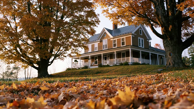 Victorian farmhouse with wraparound porch on a grassy hill surrounded by autumn trees and fallen leaves