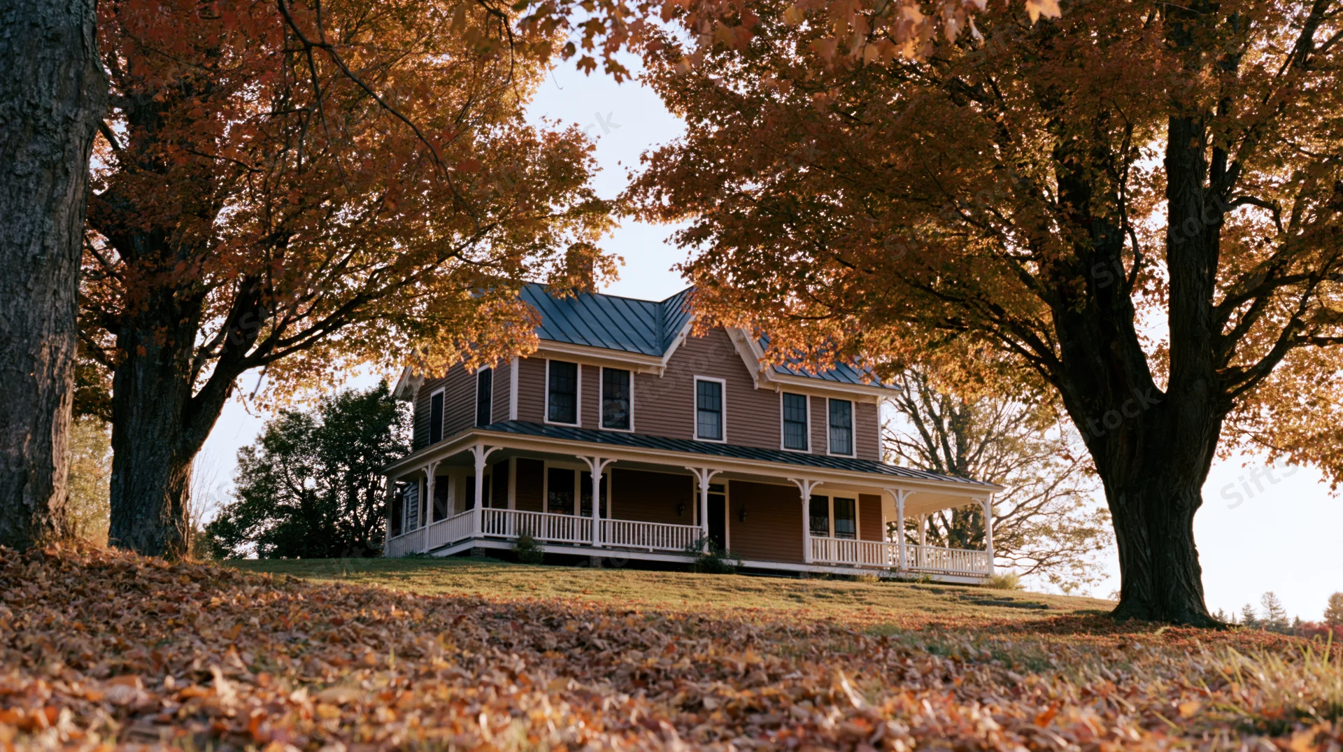 Victorian farmhouse with wraparound porch framed by autumn trees and fallen leaves on lawn