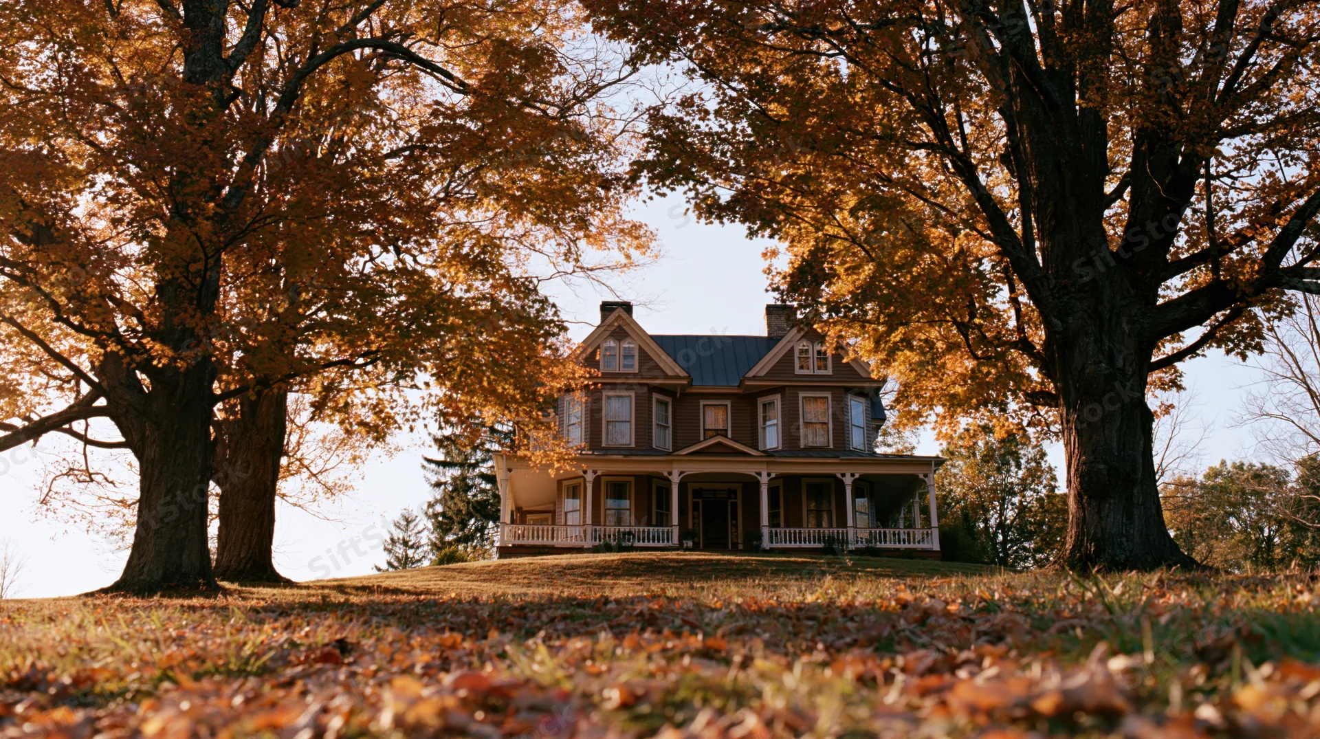 Victorian farmhouse with wraparound porch framed by autumn trees on a grassy hill