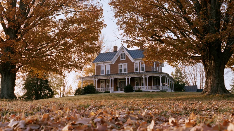 Victorian farmhouse with wraparound porch surrounded by autumn trees and fallen leaves on lawn