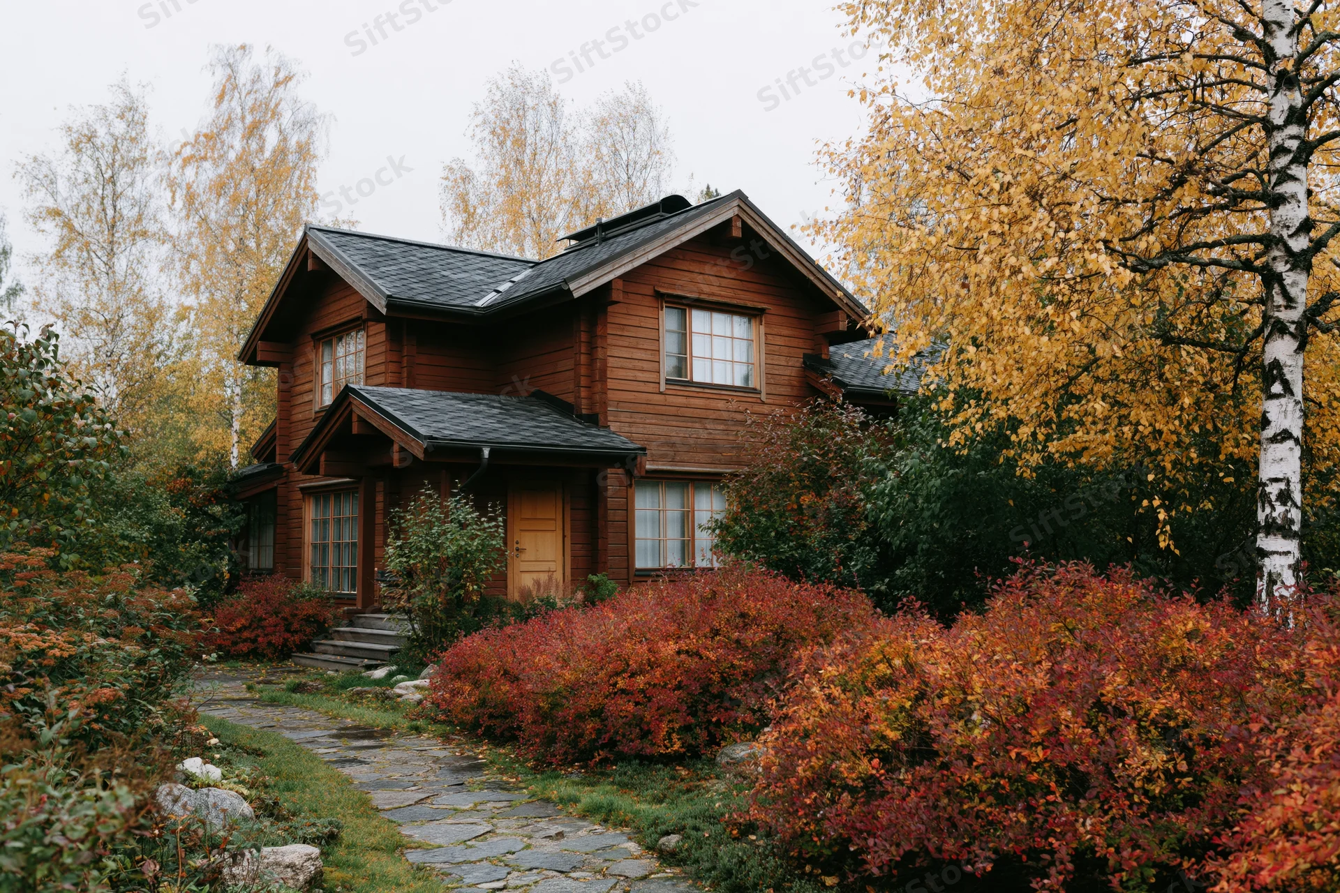 Two-story wooden country house surrounded by autumn foliage and a stone pathway leading to the front door