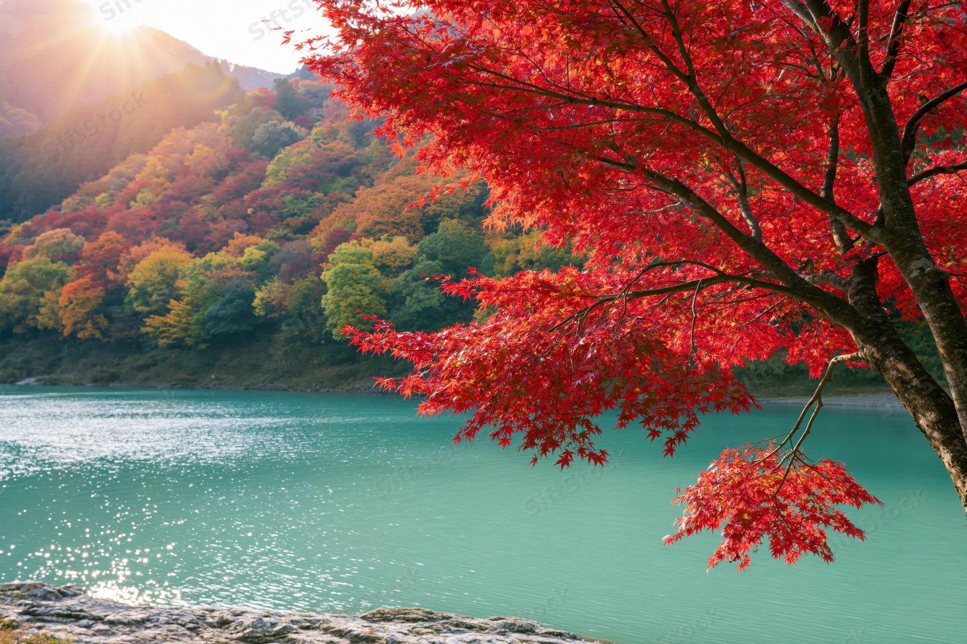 Red maple tree overhanging a calm turquoise lake at sunrise with forested hills in background