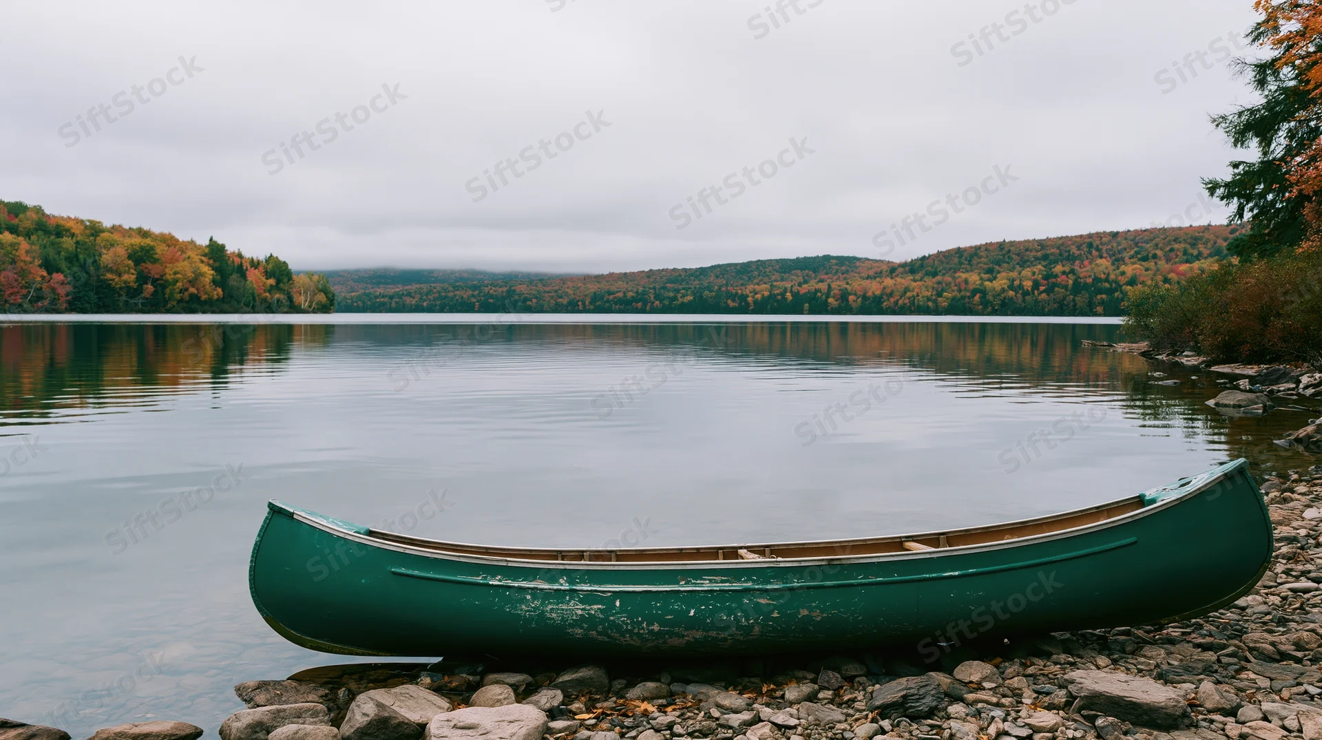 Weathered green canoe resting on rocky shoreline beside calm lake surrounded by autumn forest