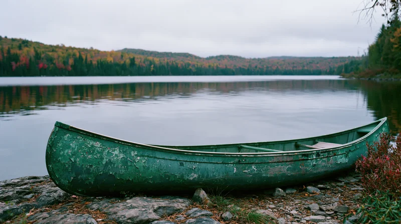 Weathered green canoe resting on rocky shore beside calm lake with autumn forest in background