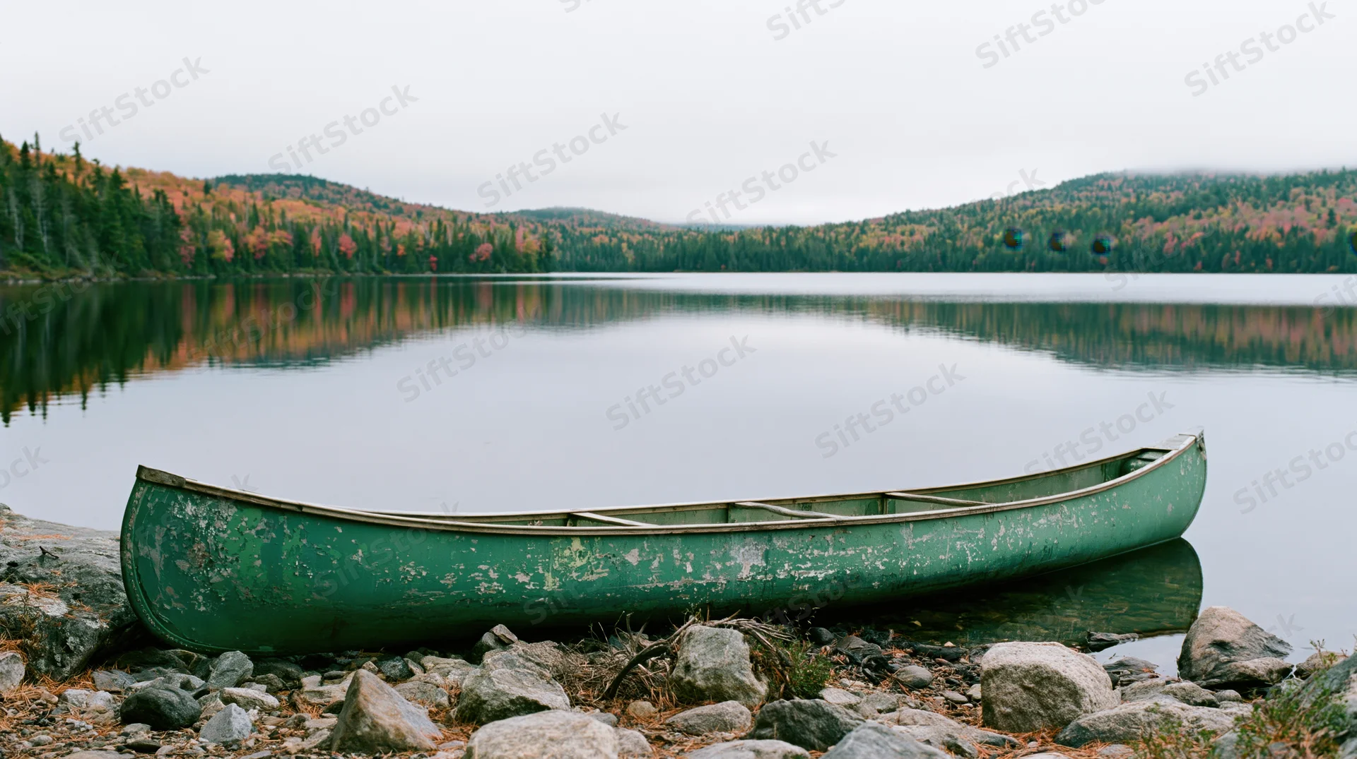Weathered green canoe resting on rocky shoreline beside calm lake with autumn forest reflection