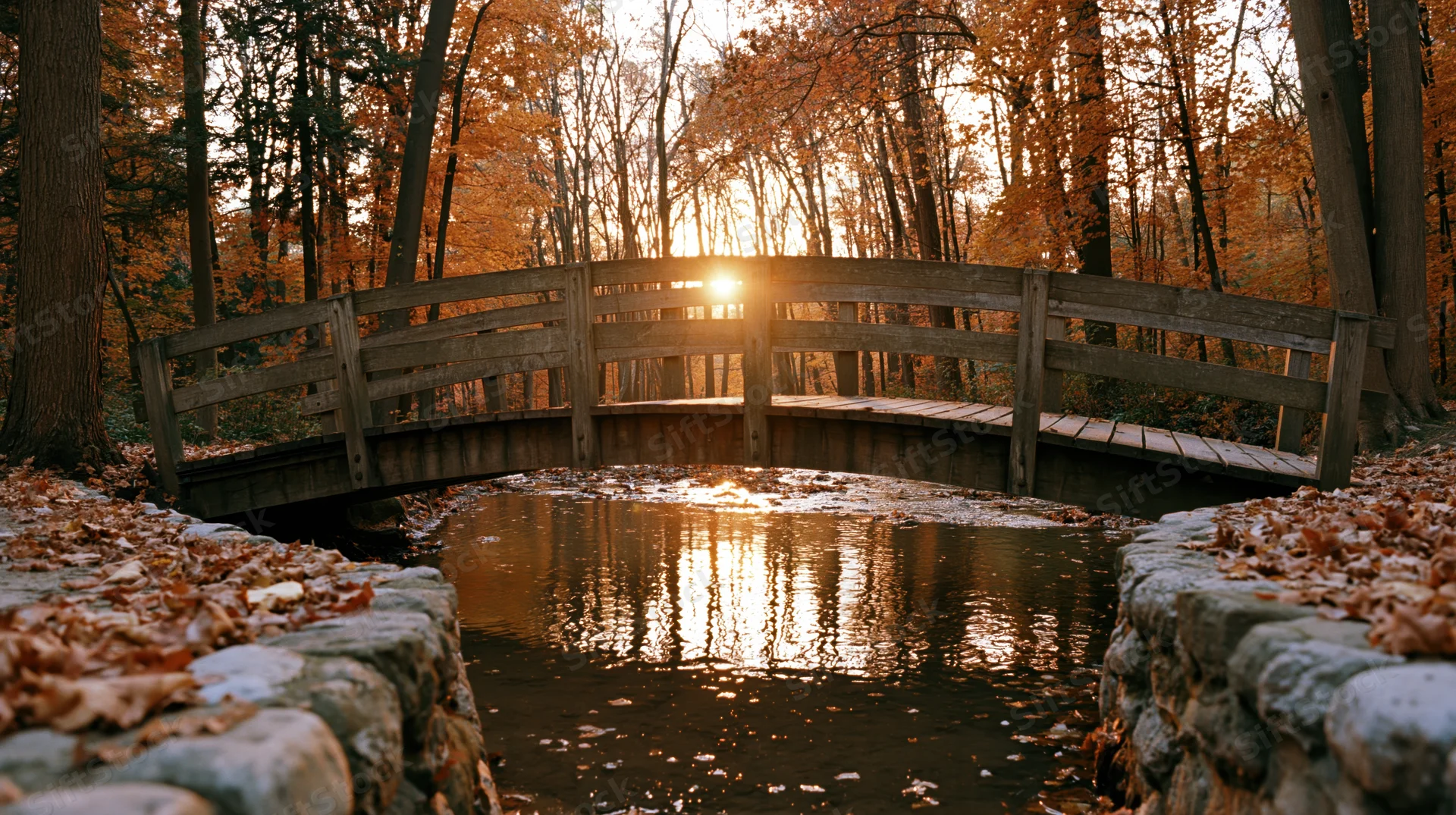 Wooden footbridge arching over a shallow stream in a forest at sunset during autumn