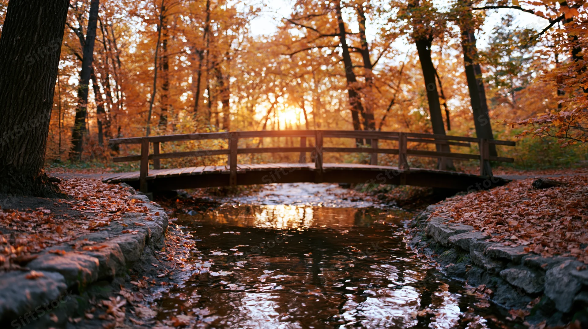 Wooden footbridge arching over a shallow stream in a forest at sunset during autumn