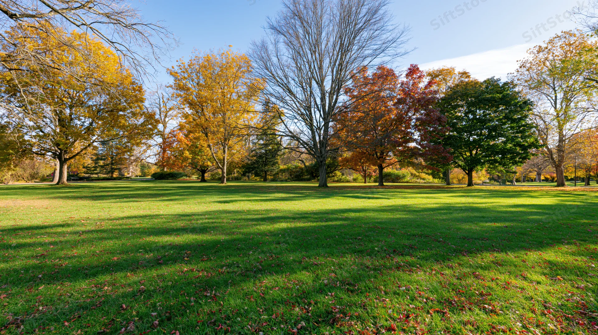 Autumn trees with colorful foliage in a public park lawn under clear blue sky