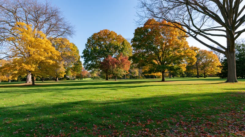 Autumn trees with colorful foliage in a grassy park under clear blue sky