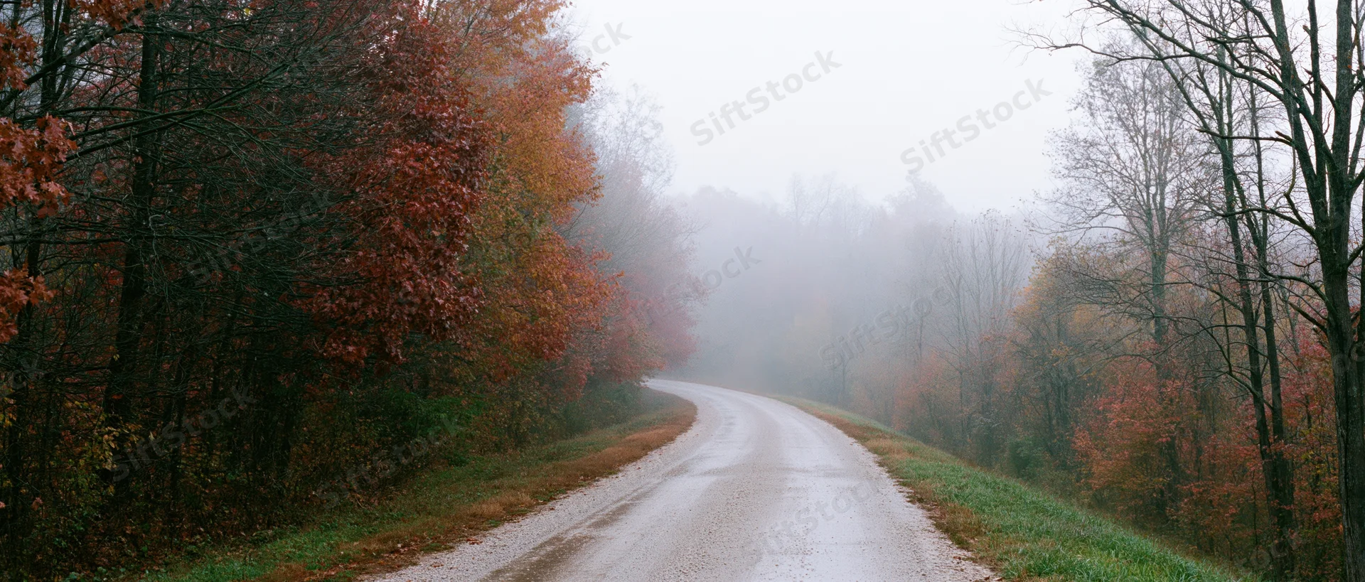 Wet gravel road winding through foggy autumn forest