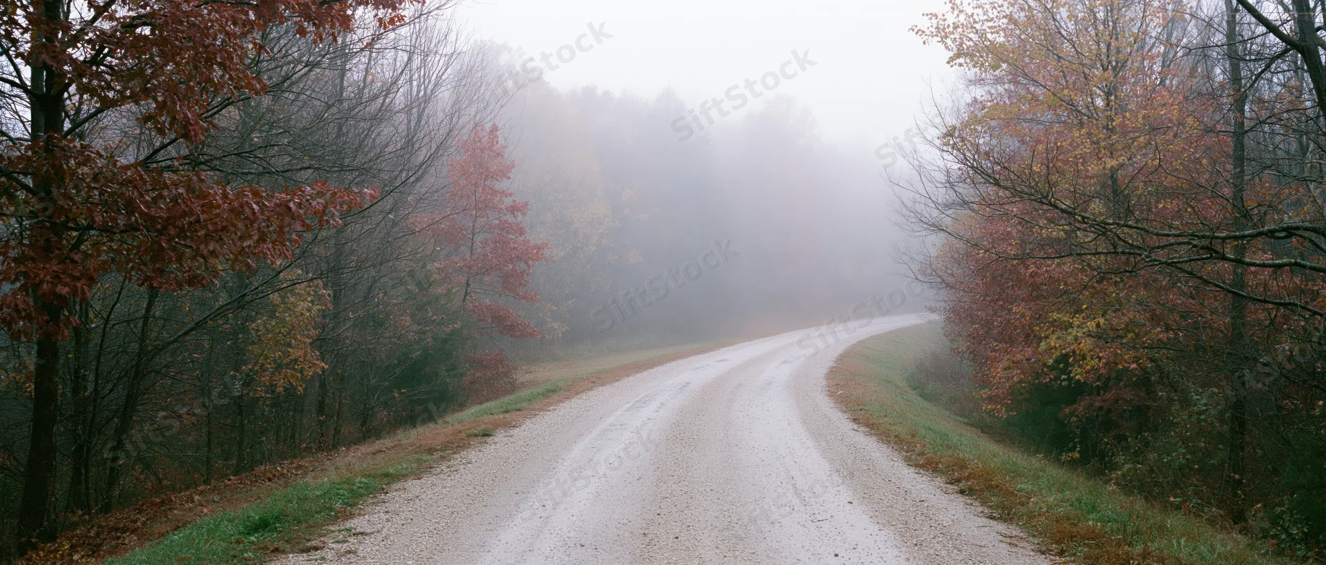 Wet gravel road curving into foggy autumn forest