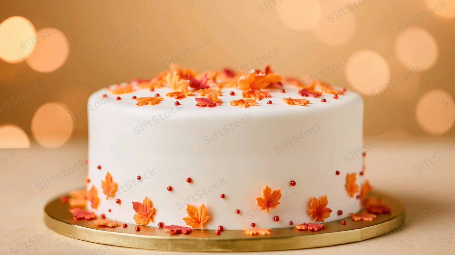 White fondant cake decorated with orange and red maple leaves on a gold cake board against warm bokeh background