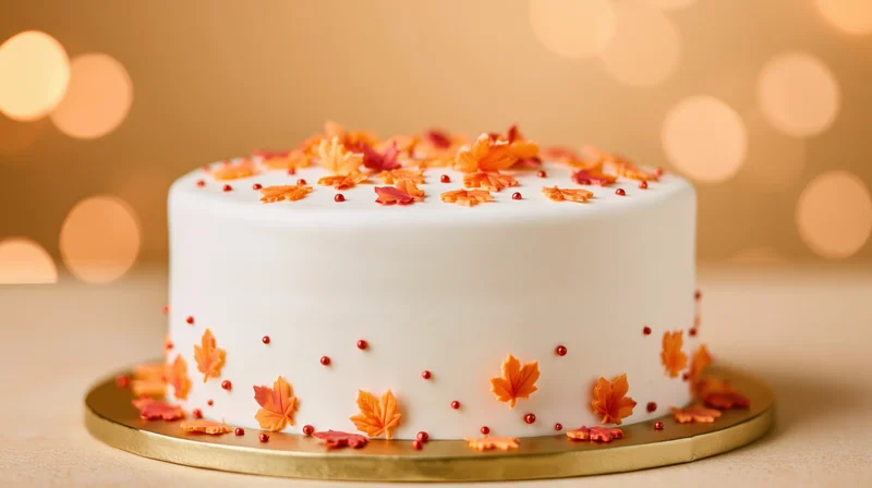 White fondant cake decorated with orange and red maple leaves on a gold cake board against warm bokeh background