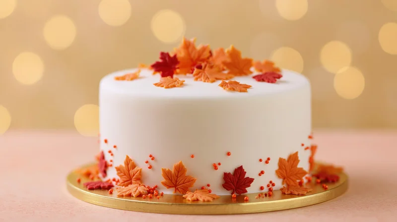 White fondant cake decorated with autumn leaves on a gold cake board against a warm bokeh background
