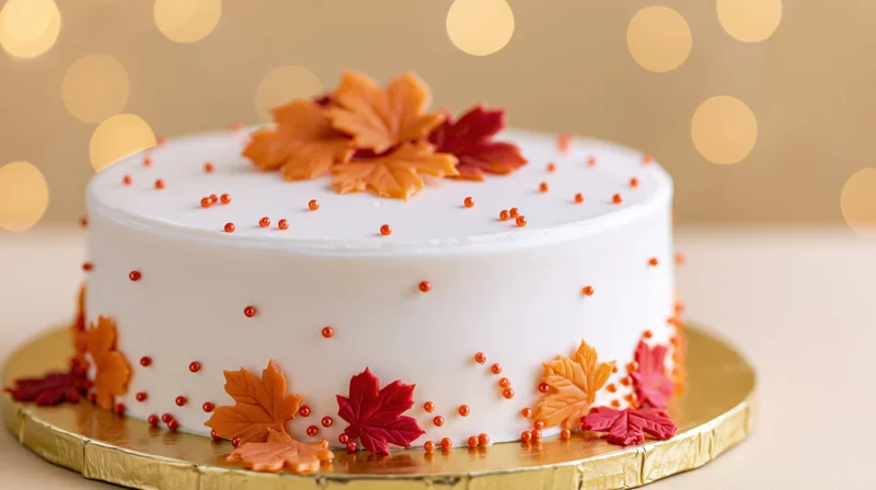 White fondant cake decorated with autumn leaves and red sprinkles on a gold cake board