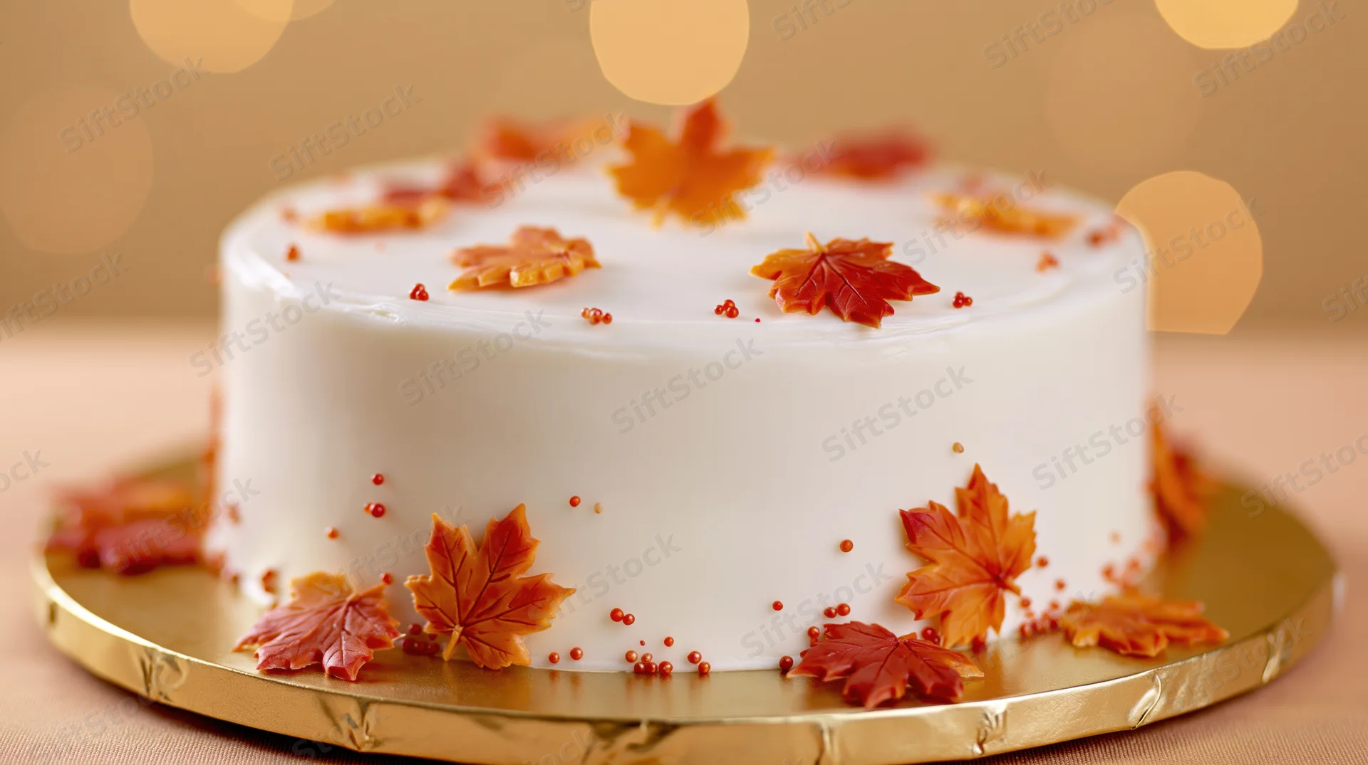 White fondant cake decorated with autumn maple leaves on a gold cake board