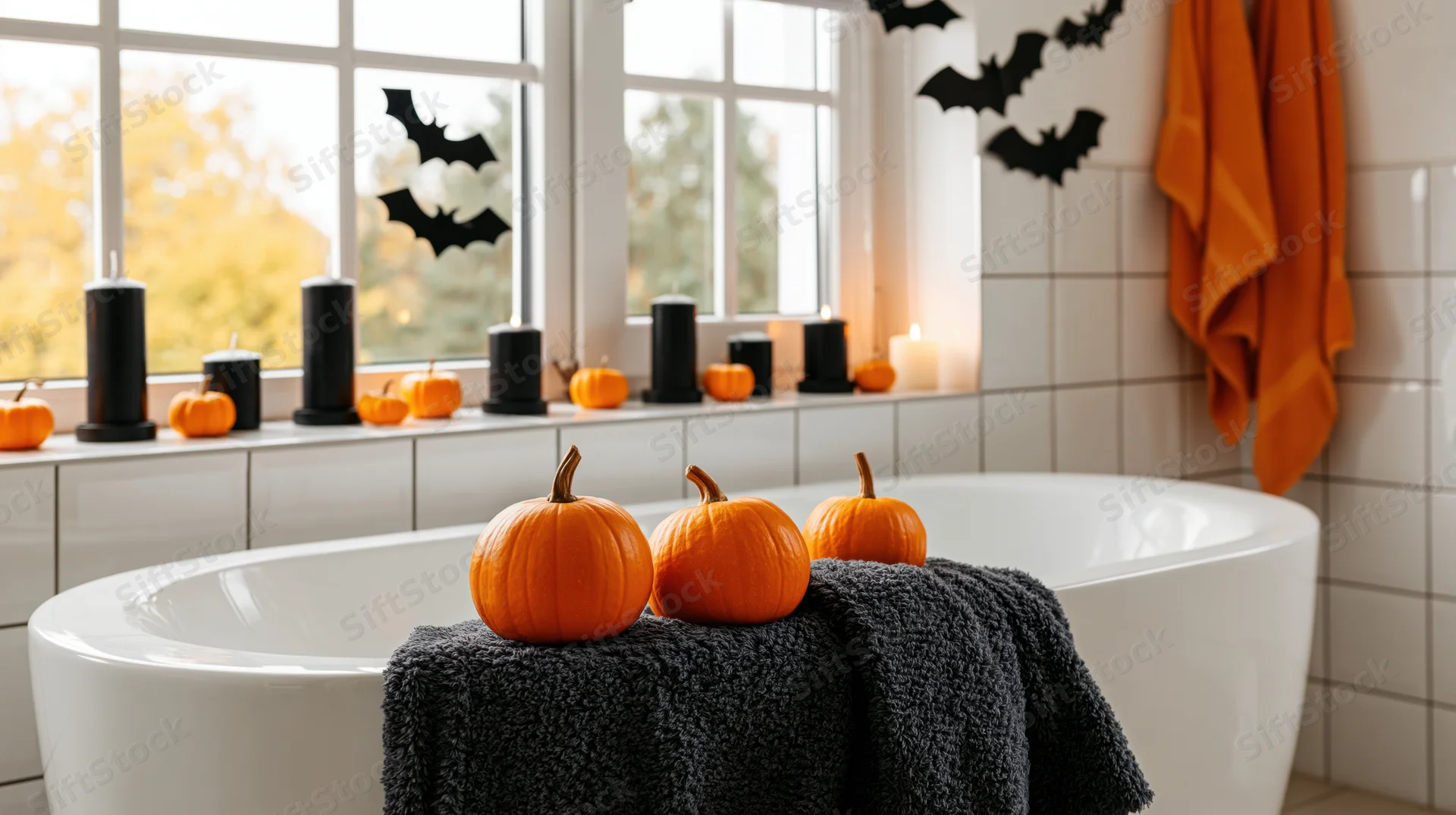 White freestanding bathtub decorated with small orange pumpkins and black candles on windowsill for halloween bathroom decor