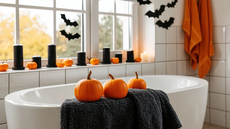 White freestanding bathtub decorated with small orange pumpkins and black candles on windowsill for halloween bathroom decor
