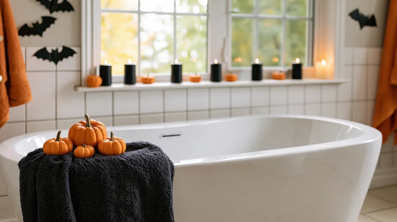 White freestanding bathtub decorated with small orange pumpkins and black candles on windowsill for halloween