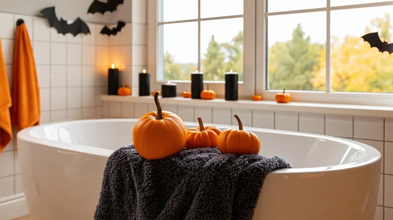 White freestanding bathtub with pumpkins and candles on a towel, decorated for halloween in a tiled bathroom with window view