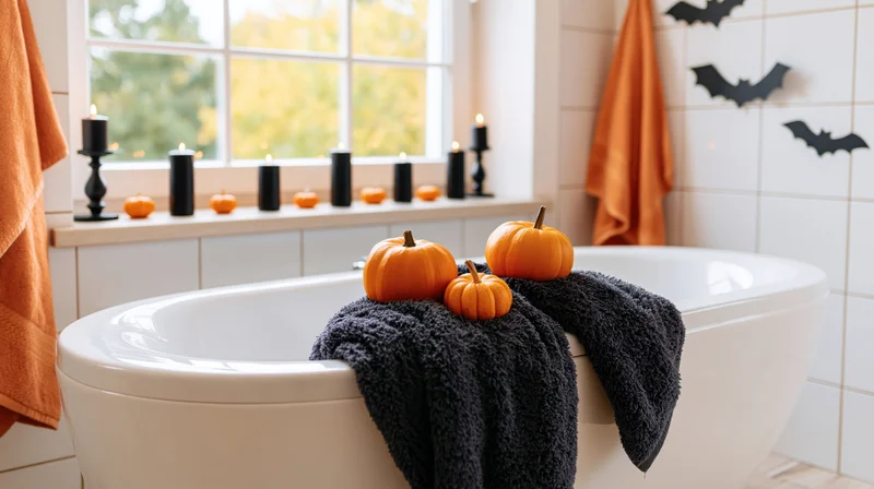 White freestanding bathtub decorated with small orange pumpkins and black candles, surrounded by halloween decor in a tiled bathroom with window view