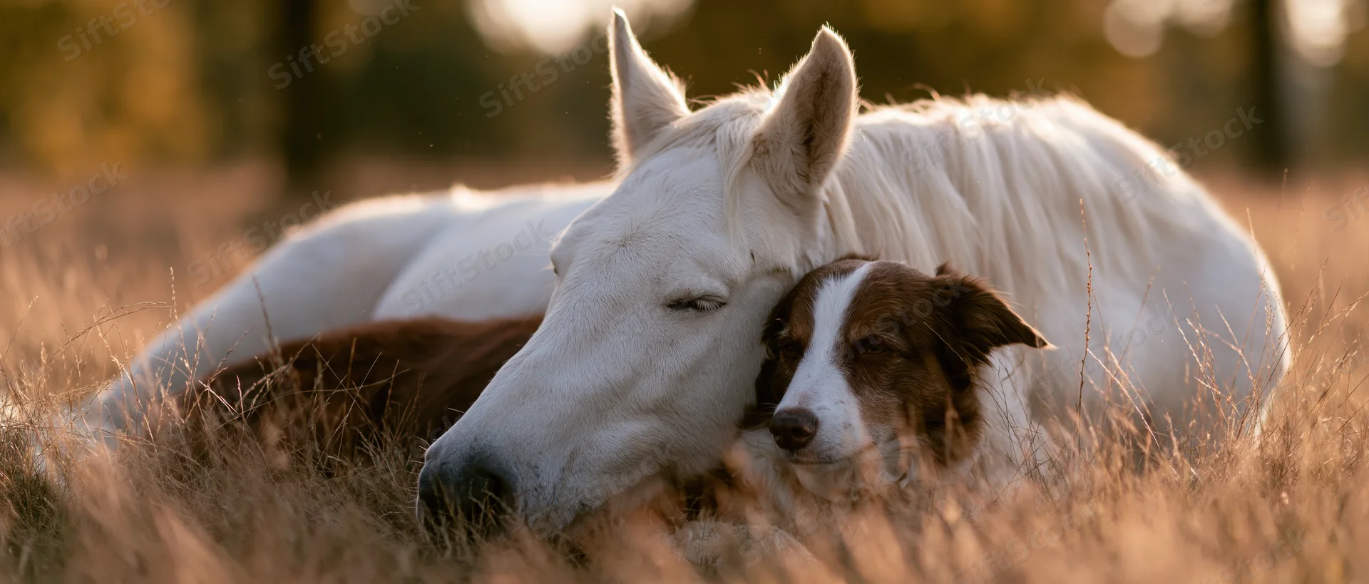White horse nuzzling a brown and white dog in a golden meadow at sunset