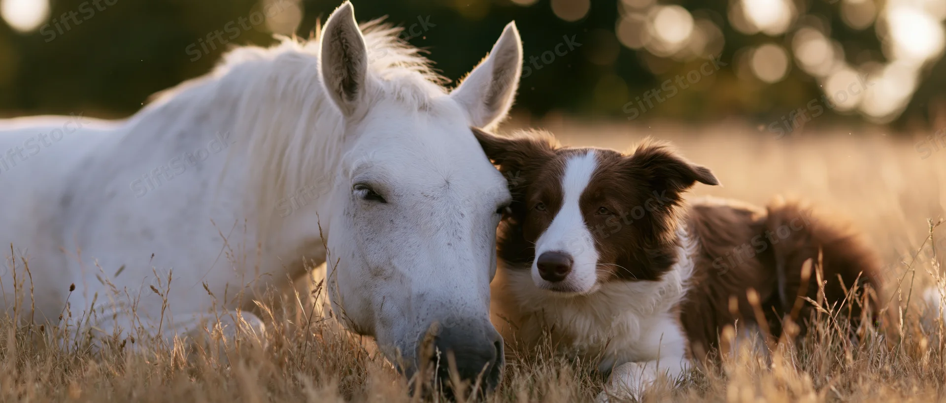White horse lying down in a golden meadow nuzzling close to a brown and white dog