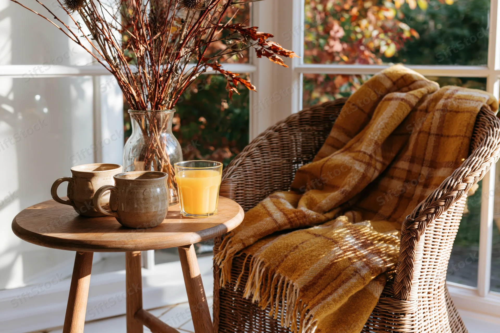 Wicker armchair draped with mustard yellow plaid wool blanket beside wooden table with mugs and orange juice near window with autumn foliage view